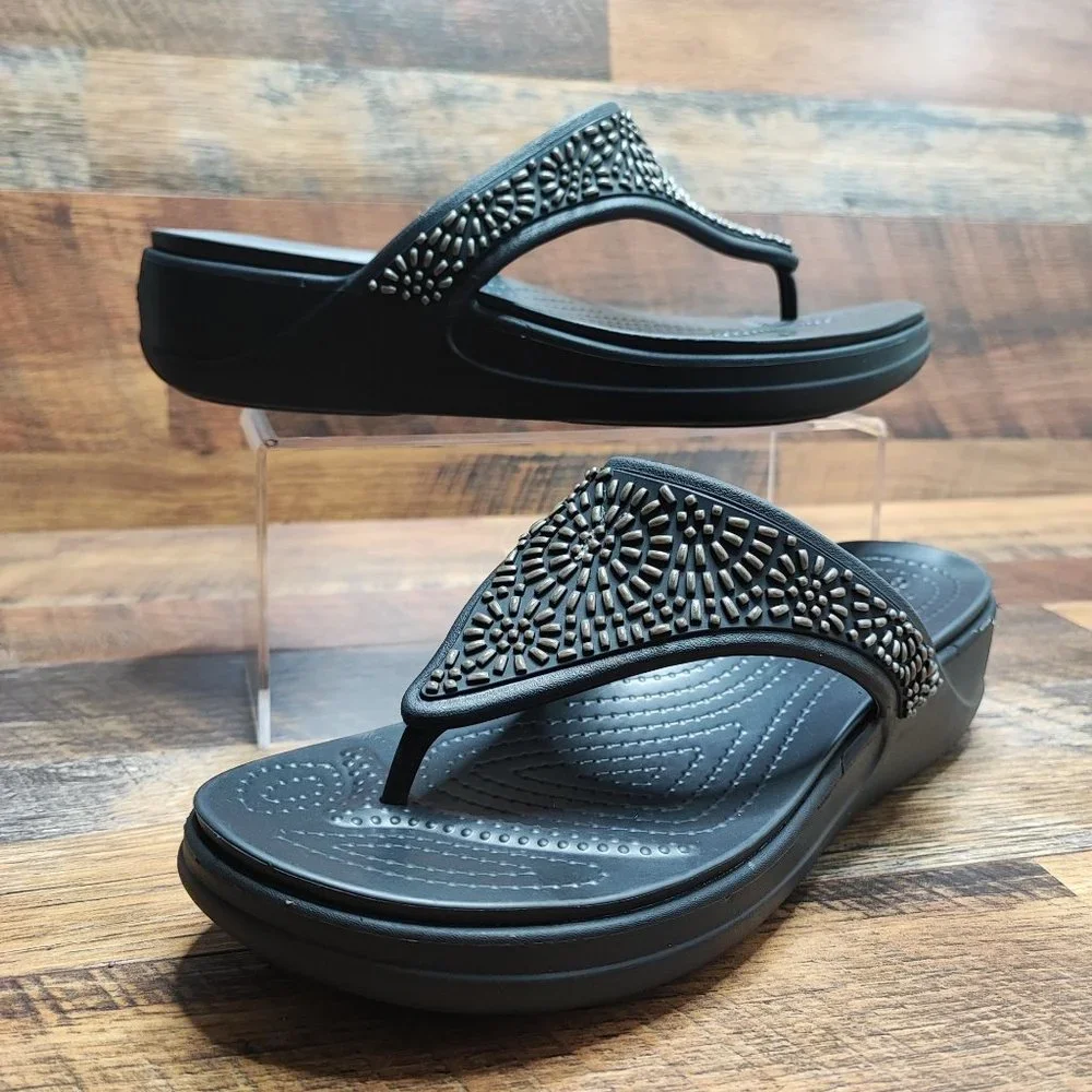 Crocs Women's Black Monterey Diamante Wedge Flip Sandals Size 10